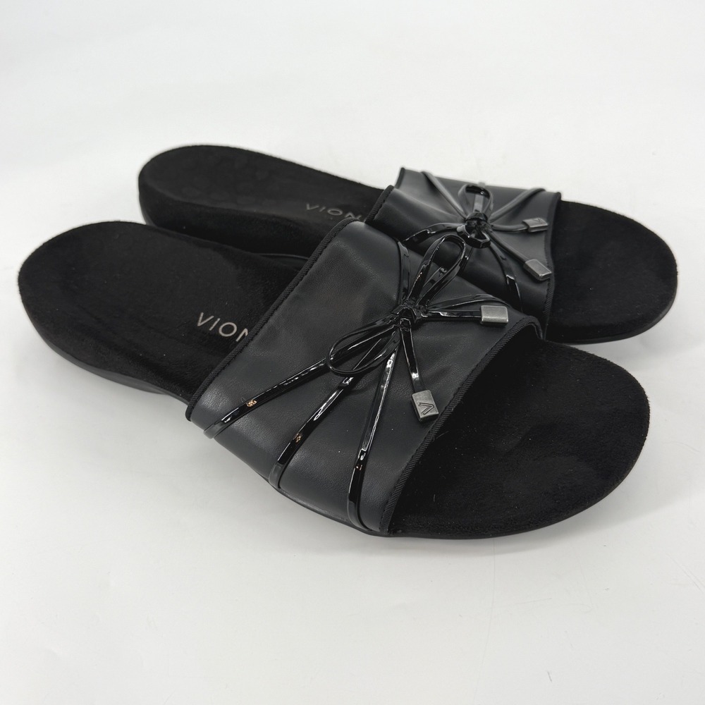 Vionic Bella Slide Sandals Black Leather Bow Orthopedic Comfort Women Size 11